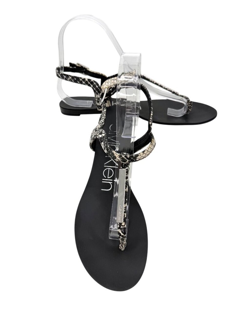 CALVIN KLEIN BLACK & IVORY SNAKE PRINT T-STRAP FLAT SANDALS - 7.5